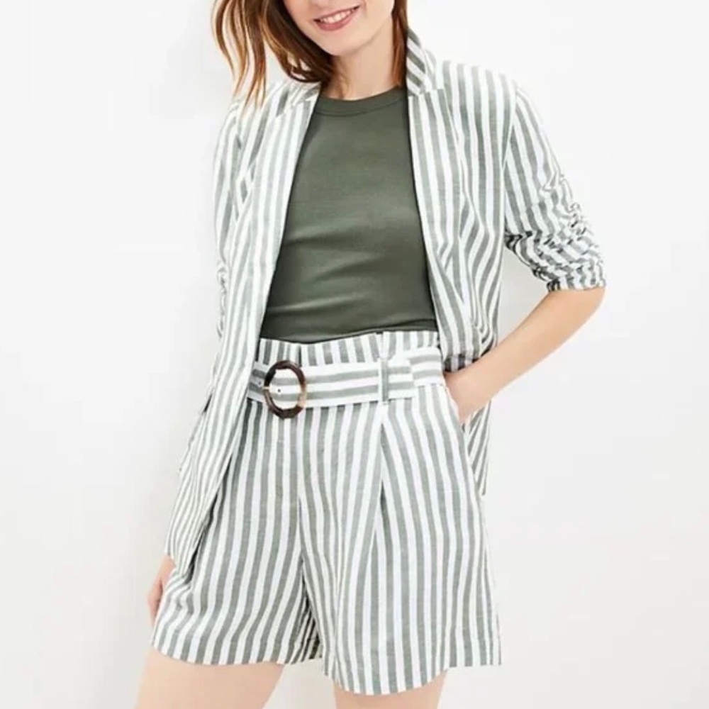 Loft Belted Shorts in Green Striped Linen Blend